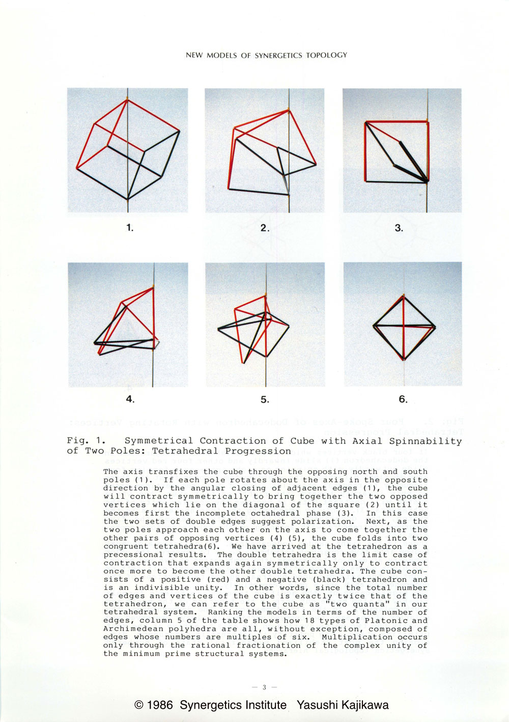 NEW MODELS OF SYNERGETICS TOPOLOGY P3/ Fig. 1. Symmetrical Contraction of Cube with Axial Spinnability of Two Poles: Tetrahedral Progression